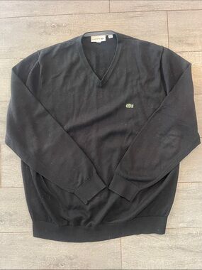 Lacoste Men's Black V-Neck Sweater with Green Crocodile Logo